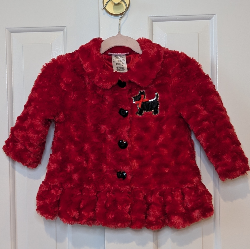 Girls Faux Fur Coat by Young Heart Size 18M Dog Red